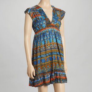 FUNKY PEOPLE Blue & Orange Print V-Neck Dress